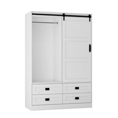 Bellemave® Modern Wardrobe with Hanging Rod and Barn Door ,Drawers  and Open Shelves