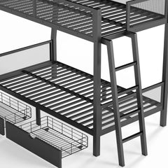 Close-up of metal bed slats, the angled ladder, and wire-mesh storage baskets