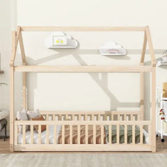 Bellemave Twin Size Wood House Bed with Guardrails and Slats Bellemave