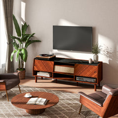 Bellemave® Large Boho Media TV Console with Rattan Drawer and Storage Shelves