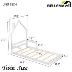 Bellemave® House-Shaped Headboard Floor Bed with Handrails and Slats