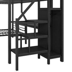 Bellemave® L-Shaped Triple Bunk Bed with Storage Stairs, Twin Over Twin Over Full Bunk Bed with Desk, USB Ports, Wardrobe, Heavy-Duty Metal Corner Bunk Beds for 3 Kids, Noise Free, Black Bellemave®
