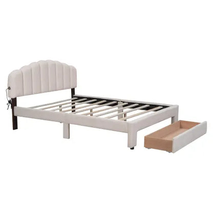 Bellemave Teddy Fleece Queen Size Upholstered Platform Bed with Drawer