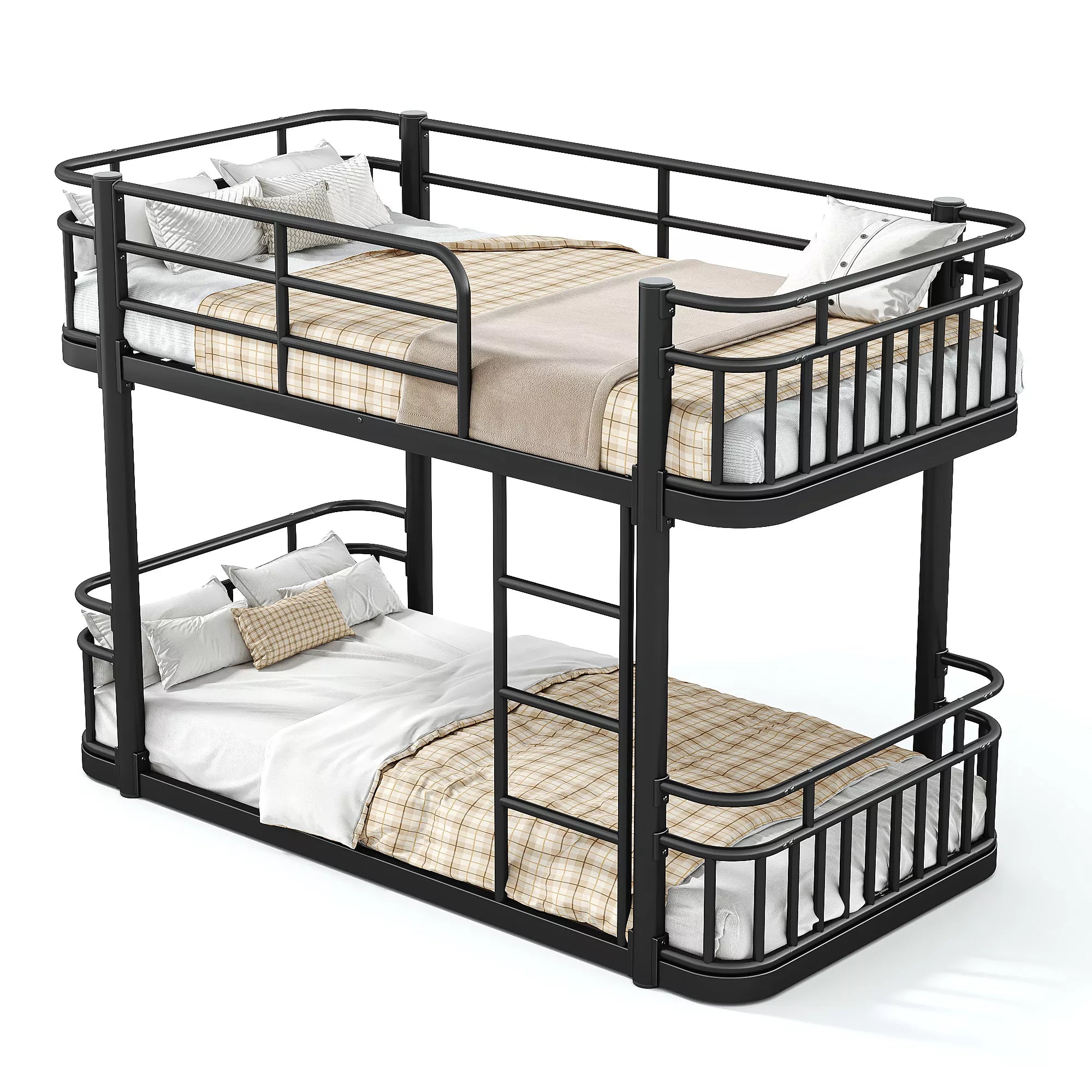 black metal bunk bed with guardrails and ladder
