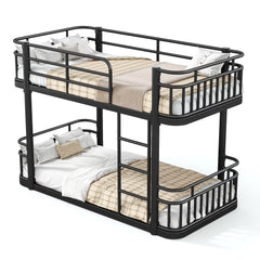 black metal bunk bed with guardrails and ladder