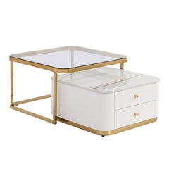 Bellemave® Modern 2 Pieces Square Nesting Coffee Table with Drawers & Electroplated Gold Legs