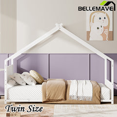 Bellemave® Twin Size Metal House Bed with Roof and Colorful Lights, Slats and Legs