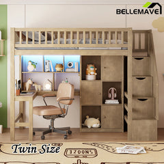 Bellemave® Twin Size Wood Loft Bed with Built-in Desk, LED, Storage Shelves, Cabinets and Staircase