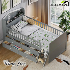 Bellemave® Twin Size Wooden Platform Bed with Storage 4 Drawers,Guardrail Headboard and Ladder