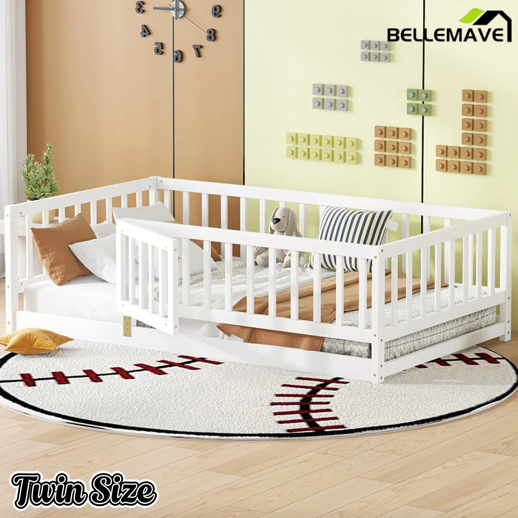 Bellemave® Twin Size Floor Bed Frame with Door and Slats,Wood Kids Montessori Floor Bed with Safety Guardrails Bellemave®