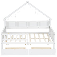 Bellemave® Full Size House Bed with LED Light and Storage Shelves, Drawers and Guardrail
