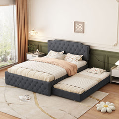 Bellemave® Queen Size Upholstered Platform Bed with Twin Size Trundle Bed and USB Ports , Decorate with Copper Nails