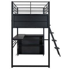 Bellemave® Metal Loft Bed with LED, Desk and 4 Storage Shelves