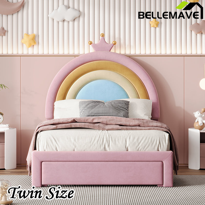 Bellemave® Velvet Upholstered Rainbow Platform Bed with Storage Drawer