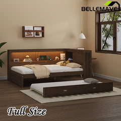 Bellemave® Full Size Wood Daybed with Storage Shelves, USB, LED, and Trundle