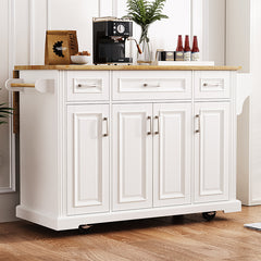 Bellemave® 54" Large Kitchen Island on 4 Wheels with Rubber Wood Drop Leaf, 4 Doors and 3 Drawers