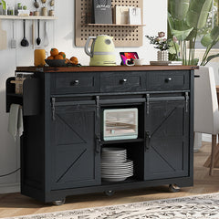 Bellemave® 53.7" Farmhouse Kitchen Island on 5 Wheels with Drop Leaf, Power Outlet, 2 Sliding Barn Door , Spice Rack