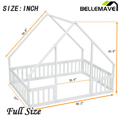 Bellemave® Wood House-Shaped Floor Bed with Fence and Guardrails