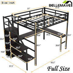 Bellemave® Metal Loft Bed with L-shaped Desk,Wardrobe and Adjustable Shelf