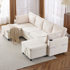 Bellemave® 111.8" Sectional Sofa Pull-Out Sofa Bed with Large Storage Space, Two USB Ports and Two Cup Holders