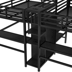 Bellemave® Twin Over Twin Metal Loft Bed with Double Desk, Wardrobe and Shelves with Electrical Outlet