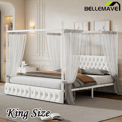 Bellemave® Metal Canopy Platform Bed with Upholstered Headboard and Two Storage Drawers