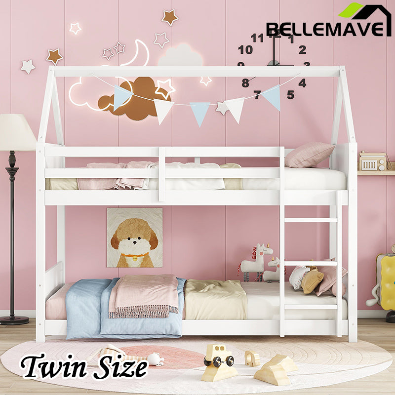 Bellemave® Twin Size Rubber Wood House Floor Bunk Bed with Headboards, Footboards and Guardrails, Ladder