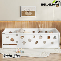 Bellemave® Solid Wood Floor Bed with Heightened Safety Guardrails and Door(No Slats Included)