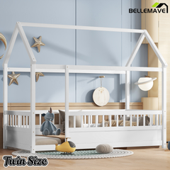 Bellemave® Full Size Solid Wood House Bed with High Fence for Kids,Full Floor Bed Frame, Kids Montessori Bed Full Size,White