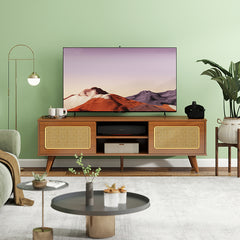 Bellemave® Mid Century Modern Rattan TV Stand with Solid Wood Feet & Rattan Cabinet Doors