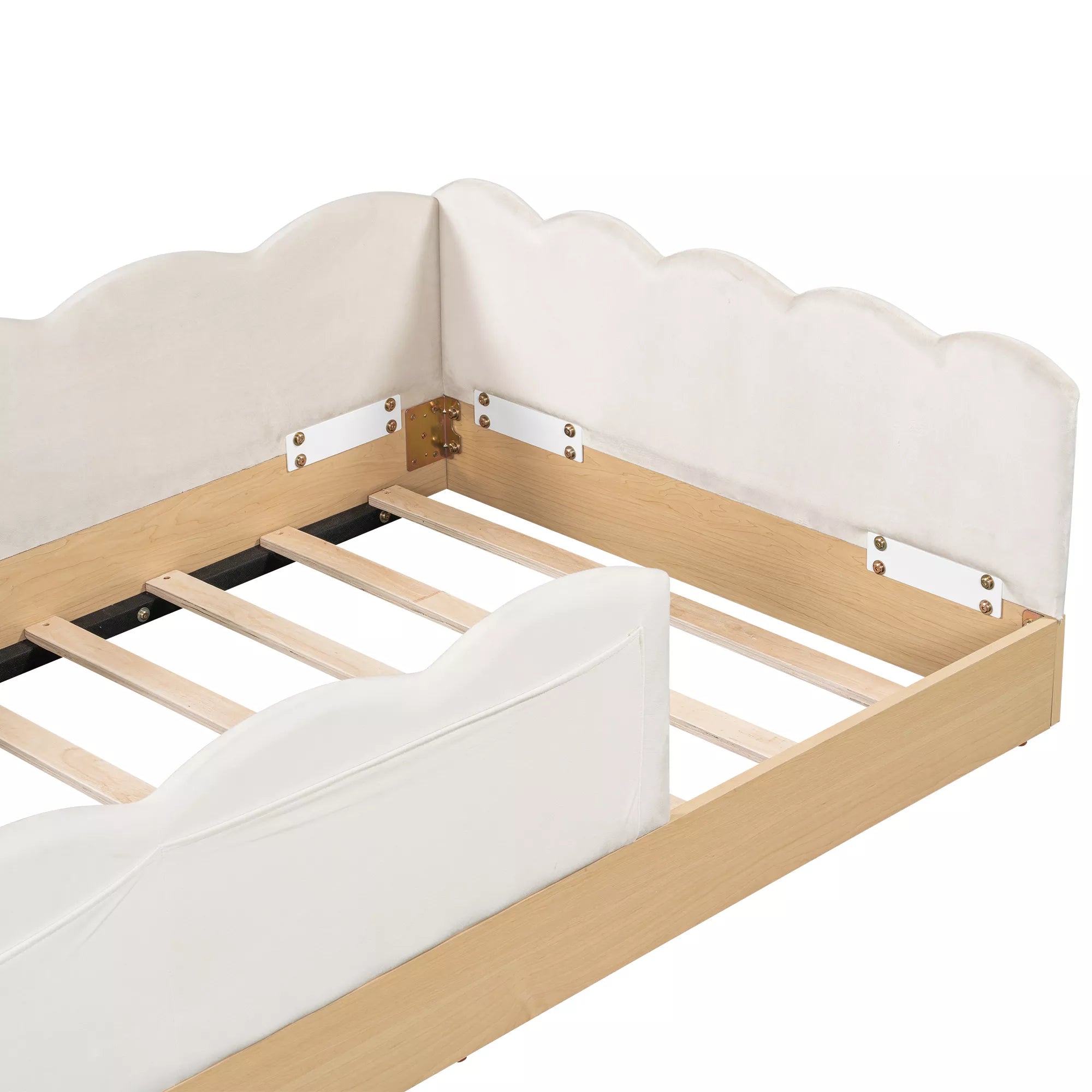 Close-up of upholstered headboard and wooden slats on a twin platform bed