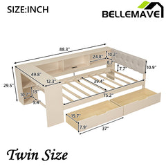 Bellemave®  Wood Daybed with Storage Shelves, Drawers, Charging Station and Upholstered Headboard