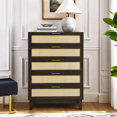 Bellemave® Modern Rattan Dresser with 5 Drawers and Metal Handles