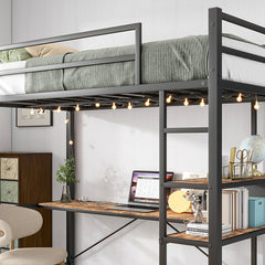 Bellemave® Twin Size Metal Loft Bed with L-Shaped Desk and Shelves, Charging Station, Led Lights, Safety Guard & Ladder