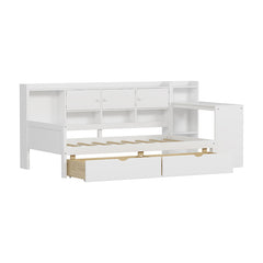 Bellemave® Wooden L-Shape Daybed with Seven Storage Cabinets and Two Storage Drawers, Study Desk and Built-in Bookshelf