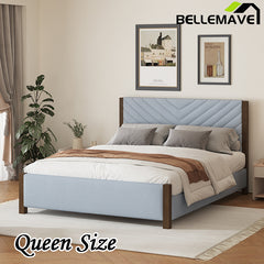 Bellemave® Queen Size Modern Mid-Century Upholstered Platform Bed with Tufted Headboard and Solid Wood Legs