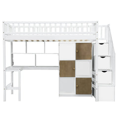 Bellemave® Twin Size Wood Loft Bed with Built-in Desk, LED, Storage Shelves, Cabinets and Staircase