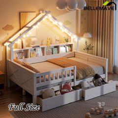 Bellemave® Full Size House Bed with LED Light and Storage Shelves, Drawers and Guardrail