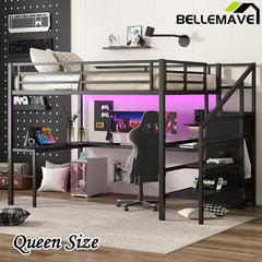 Bellemave® Metal High Loft Bed with L-shaped Desk and USB, Wardrobe and Adjustable Shelf, LED Light