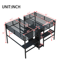 Bellemave® Twin Over Twin Metal Loft Bed with Double Desk, Wardrobe and Shelves with Electrical Outlet