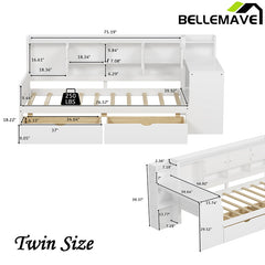 Bellemave® Wooden L-Shape Daybed with Seven Storage Cabinets and Two Storage Drawers, Study Desk and Built-in Bookshelf