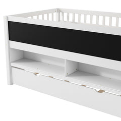 Bellemave® Twin Size Wood Low Loft Bed with Storage Shelves, Blackboard and Trundle