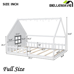 Bellemave® Full Size Wood Floor House Bed with Window and Fence