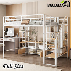 Bellemave® Full Size Metal Loft Bed with Staircase,Low Storage Table and Storage Shelves