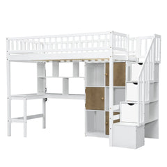 Bellemave® Twin Size Wood Loft Bed with Built-in Desk, LED, Storage Shelves, Cabinets and Staircase