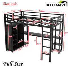 Bellemave® Full Size Metal Loft Bed with Desk,Shelves and Wardrobe