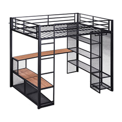 Bellemave® Full Size Metal Loft Bed with Storage Iron Mesh and MDF Shelves and Open Wardrobe