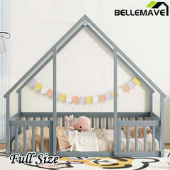 Bellemave® Wood House-Shaped Floor Bed with Fence and Guardrails