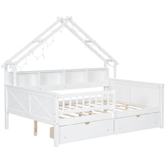 Bellemave® Full Size House Bed with LED Light and Storage Shelves, Drawers and Guardrail