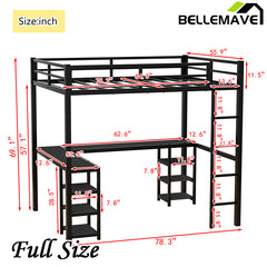 Bellemave® Full Size Metal Loft Bed with Desk and Shelves, Ladder and Guardrails